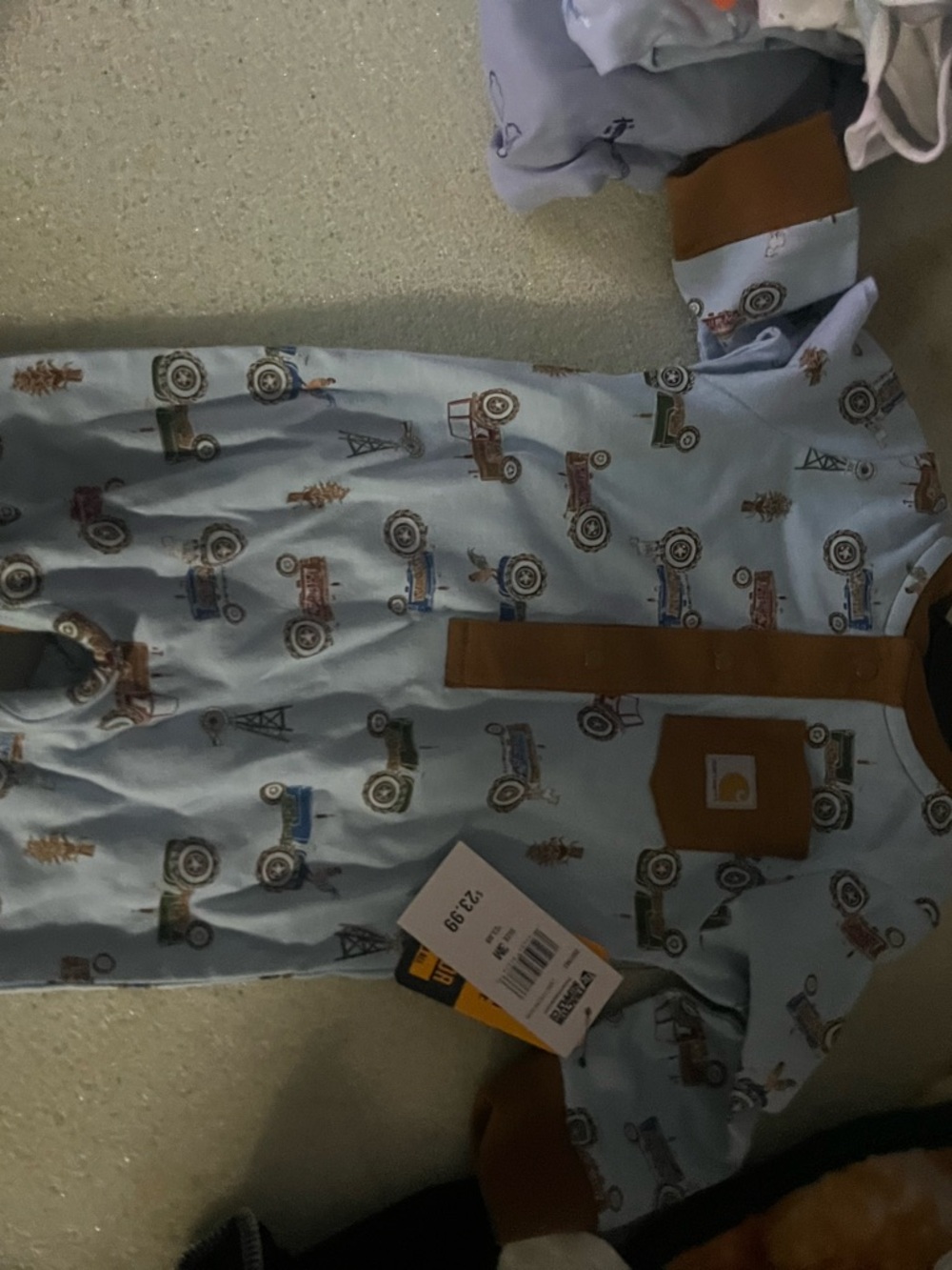 Carhartt Light Blue Baby Romper with Truck Print and Brown Trim